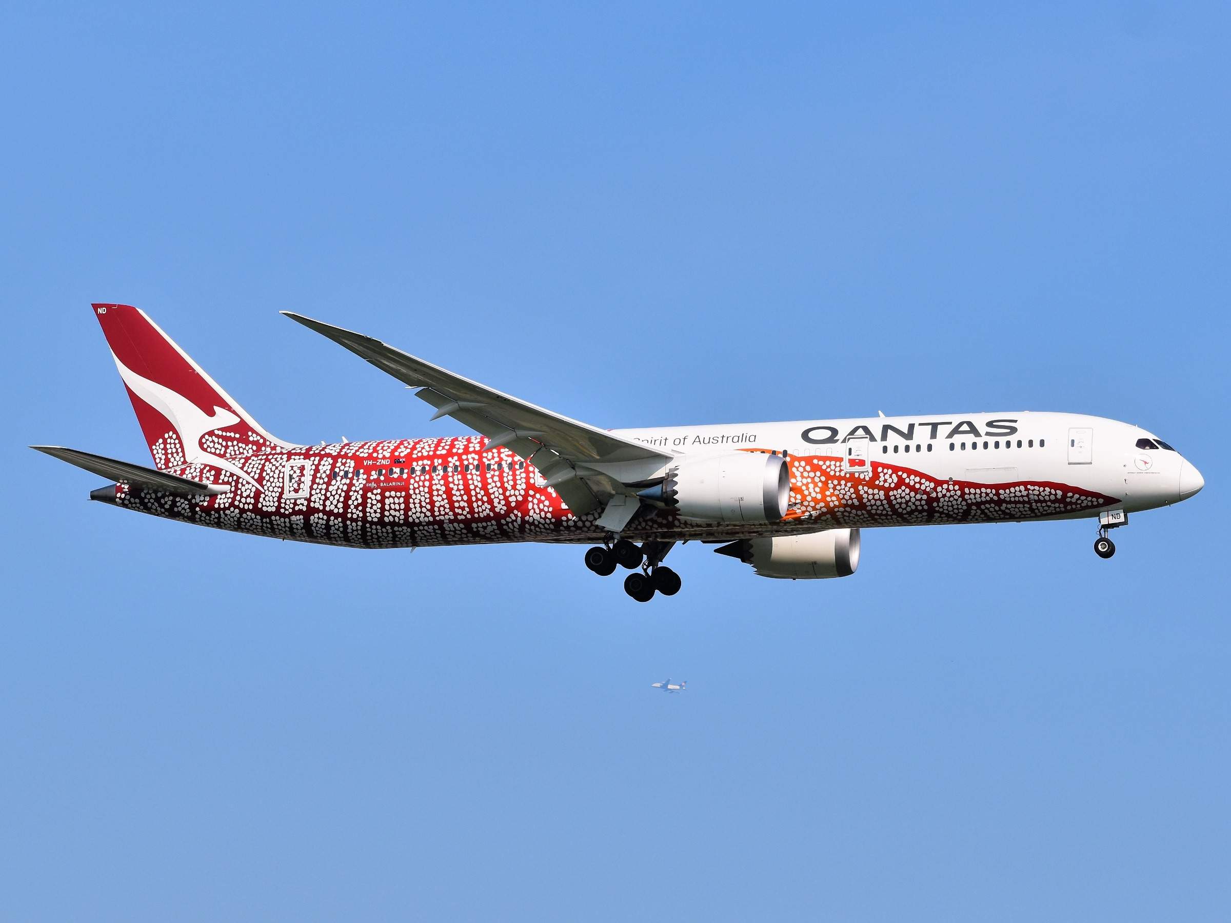 Qantas_Boeing_787-9_Dreamliner_VH-ZNG_(Emily_Kame_Kngwarreye's_Yam_Dreaming_livery)_approaching_JFK_Airport